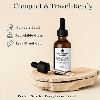 The Goodbye Company Organic Castor Oil - 100% Pure Extra Virgin Cold Pressed Unrefined for Luscious Hair Growth, Thicker Eyelashes & Radiant Skin - Deeply Moisturizing & Detoxifying (60ml)