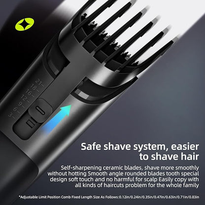 Hair Clippers for Men and Kids Adjustable Length Trimmer Haircut Professional Haircuts Tool Grooming 6 Kit LED Screen Display Fast Charge for Family Black