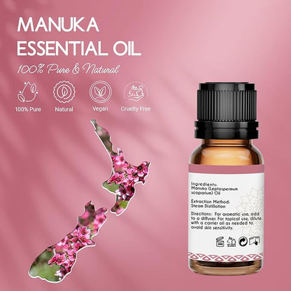 100% Pure Manuka Essential Oil 0.34 Fl Oz, Therapeutic Grade Manuka Oil in Amber Glass Bottle with Dropper for Diffuser Massage Skin Care