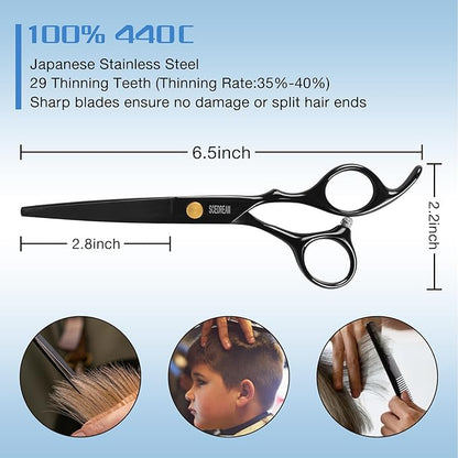 11-Piece Hair Cutting Scissors Kit - Professional Set with Thinning Scissors, Comb, Cape, Clips, Brush, Leather Bag for Barber, Salon, Home