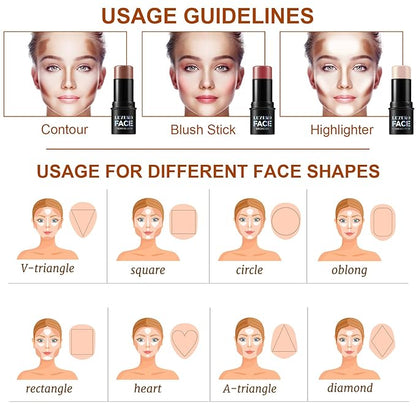 3Pcs Contour Stick Makeup Set, Shades with Highlighter Blush Bronzer Stick Kit for Sculpt the Cheeks and All Skin Type, Longwear Smooth Non-greasy Formula for All Skin Types, Mature