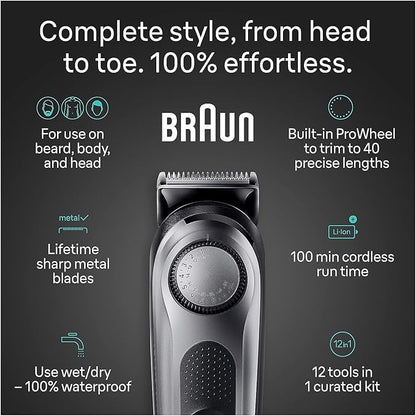 Braun All-in-One Men's Shaving Kit Series 7 7440, 12-in-1 Beard, Face, Nose, Ear Trimmer, Hair Clippers, Body Groomer and Manscaping + Travel Case + Charging Stand, Holiday Gifts for Men