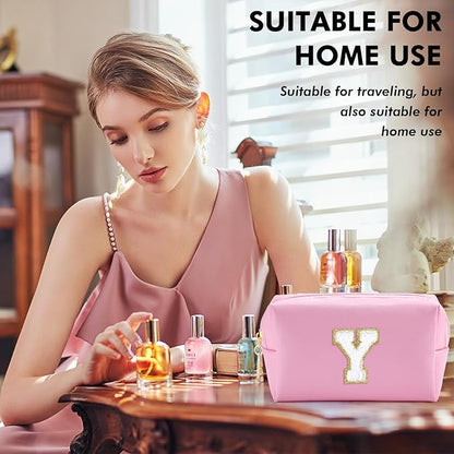 Initial Makeup Bag Personalized Preppy Travel Small Cosmetic Bag Cute PU Pink Chenille Letter Makeup Pouch for Purse Waterproof Zippered Toiletry Organizer for Women Girls Kids Friends (Y)