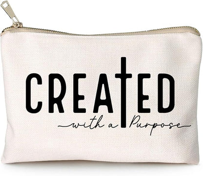 Created With a Purpose Women Makeup Bag Christian Decor Self Love Gift Toiletry Bag Religious Faith Cosmetic Pouch Linen Cotton Inspirational Multi-Purpose Bag Gift