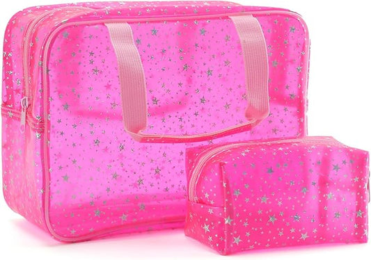 Yaopeing 2Pcs PVC Clear Makeup Bag Organizer for Women,Star Transparent Cosmetic Case Travel Toiletry Pouch with Zipper,Large Make Up Purse for Daily Accessory,Pink