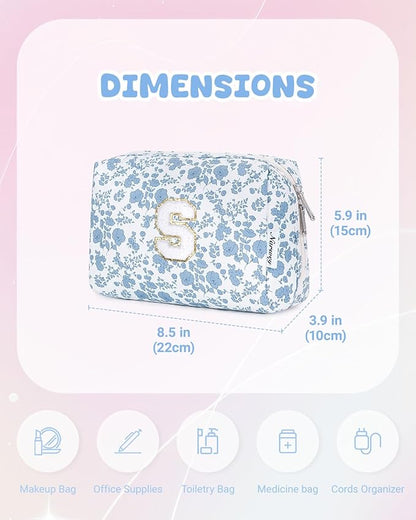 Narwey Birthday Gifts for Teen Girls Kids Women Personalized Initial Floral Makeup Bag Cute Cosmetic Trendy Stuff 6 8 10 11 12 13 14 16 18 Years Old Travel Toiletry Bag (Little Blue Flower S)