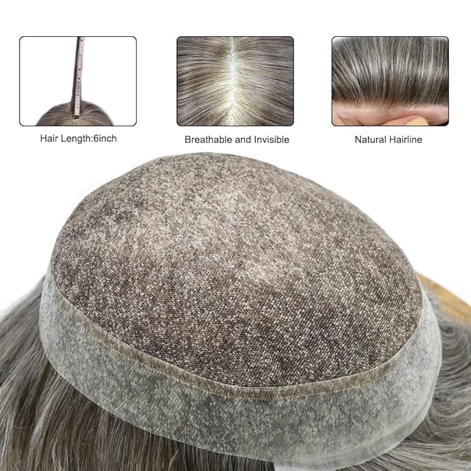 FACE MIRACLE Toupee for Men French Lace Hairpiece Human Hair Replacement System Skin PU Mens Toupee Hair Wigs for Man V-Looped Front Hair Prosthesis 6"X9" #460 Medium Brown with 60% Gray