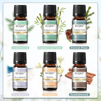 EUQEE Nature Air Premium Grade Scented Oils Gift Set - Sea Breeze, Forest Pine, Bamboo & Teak, Cedarwood, Sandalwood, Freesia (10ml)