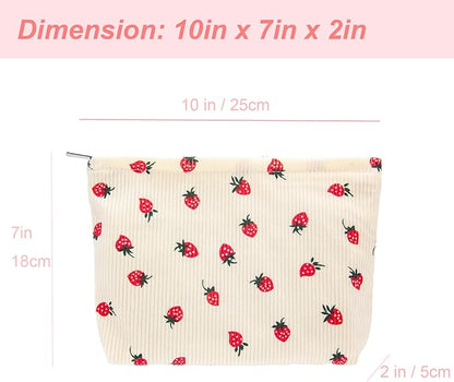PAZIMIIK Makeup Bag Large Cotton Zipper Pouch for Purse Travel Canvas Make Up Organizer for Women Cosmetic,Strawberry Beige