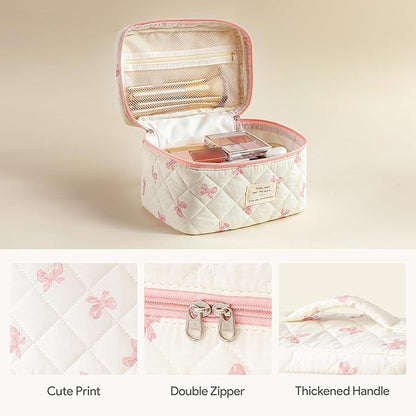 HBselect Quilted Makeup Bag, 3PCS Cotton Large Travel Makeup Bag, Cute Floral Coquette Make up Bag Cosmetic Bag Toiletry Bag for Women Girls