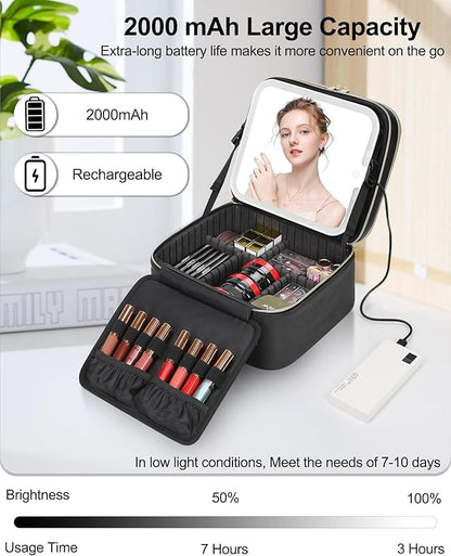 TANTO Travel Makeup Bag with LED Mirror Double Layer Makeup Case with Lighted Mirror Dual Layer Cosmetic Train Case Portable Artist Organizer Bag with Dividers and Rechargeable Vanity (Black, Small)