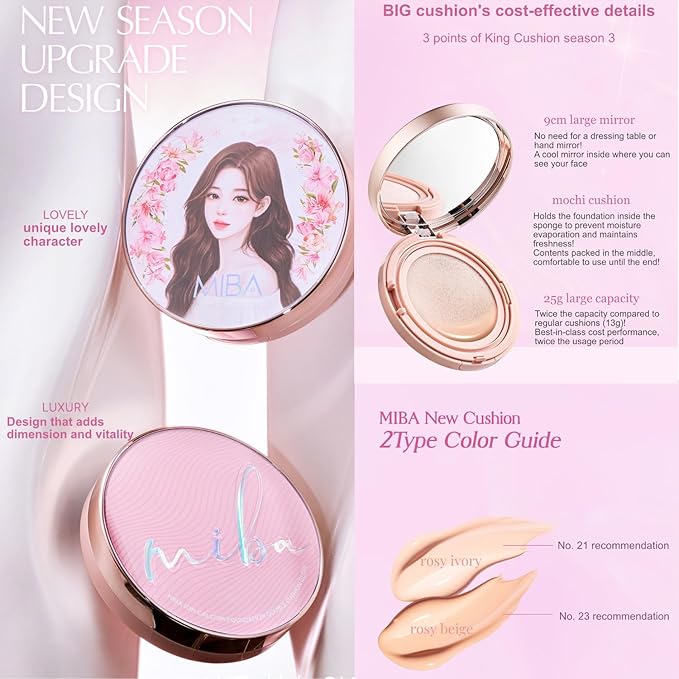 MIBA Ion Calcium Foundation Double Cushion Glow 25 g / 0.88 oz Big Cushion SEASON 3. Long Lasting Cover Effect. Moisture glow. Skin tightening relief. Smooth adhesion. (Lovely #23 Rosy Beige)