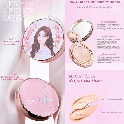 MIBA Ion Calcium Foundation Double Cushion Glow 25 g / 0.88 oz Big Cushion SEASON 3. Long Lasting Cover Effect. Moisture glow. Skin tightening relief. Smooth adhesion. (Lovely #23 Rosy Beige)