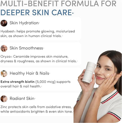 GLOW Anti Aging Supplement - Hyabest® Hyaluronic Acid, Phytoceramides, 5000 mcg Biotin, Vitamin A, C, E, Zinc - Hair Skin Nails Vitamins for Women & Men - Wrinkles & Skin Hydration - 60 Capsules
