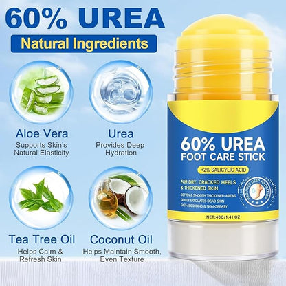 Urea Cream Stick 60% Plus 2% Salicylic Acid, Urea-Based Foot Moisturizer, Portable Foot Care No-Mess Applicator, Repairing Callus Remover for Heels, Knees, Elbows & Hands