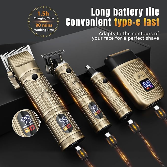 Hair Clippers for Men Professional, T-Blade Barber Clippers and Trimmer Set, 4 in 1 Mens Cordless Hair Clipper for Barber Kit, Foil Thaver and Nose Trimmer for Men with LED Display