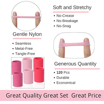 LuSeren 120 Pcs Pink Hair Ties for Women, No Damage Soft Seamless Nylon Hair Elastics for Thick Hair, Ponytail Holders, 3 Gradient Pink Hair Accessories