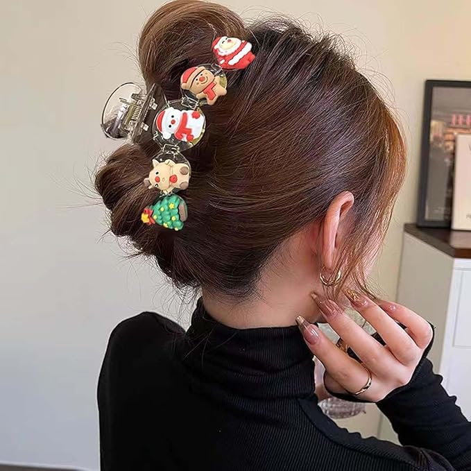 1pcs Christmas Hair Clips - Cute Tree Reindeer Snowmen Claw Clips, Transparent Hair Accessories with Santa Claus Gingerbread Man Designs, Christmas Large Size Hairpin for Xmas Hairstyle Decor
