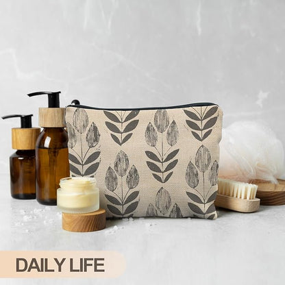 Vintage Boho Beige Floral Makeup Bag, Modern Farmhouse Green Tulip Flower Cosmetic Bags for Women, Contemporary Leaf Botanical Zipper Makeup Pouch