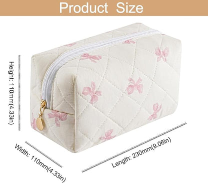 Makeup Bag Travel Cosmetic Bag for Women Girls, Zipper Make Up Pouch, Floral Flowers Toiletry Organizer Makeup, Portable Storage Cosmetic Travel Cloth Bag (Pink Bow Tie+Flower-Red)