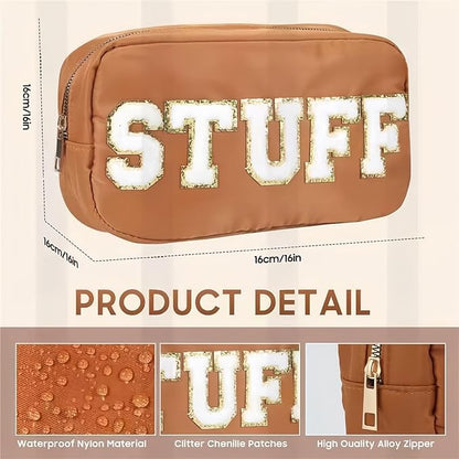 4 Pcs Nylon Cosmetic Bags Travel Organizer Chenille Letter Makeup Pouch Zipper Preppy Waterproof Hair Bag Toiletry Pouch for Women Girls Coffees