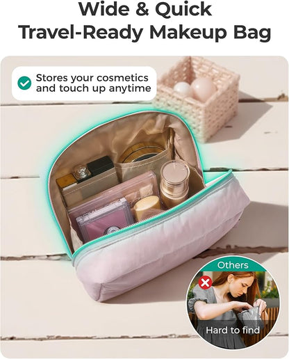 BAGSMART Puffy Makeup Bag, Wide Opening Cosmetic Bag Compact & Spacious, Water-Resistant Travel Organizer Pouches for Women (Lavender)