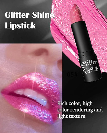 Diamond Glitter Matte Lipstick,Pink Shiny Lip Gloss Lip Tint Stain,Sparkling High Pigment Longlasting Waterproof Non-Stick Cup Lipgloss Lipstick,Shimmer Tinted Lip Blam Lipstain for Women Makeup-05
