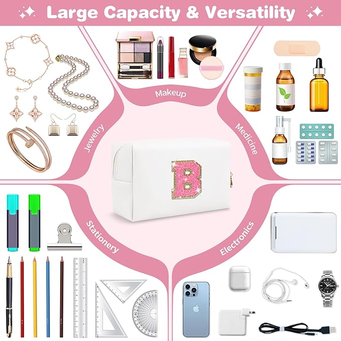 Small Personalized Initial A-Z Patch Makeup Bag,White Cute PU Leather Glitter Letter Cosmetic Bag for Teen Girls,Travel Toiletry Bag with Zipper,Preppy Monogrammed Birthday Gift for Daughter Niece B