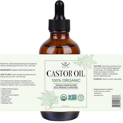 Organic Castor Oil 100% Pure Natural Hair Oil for Hair Growth, Castor oil for Skin Lashes Nails Face Eyelash Eyebrows, Cold Pressed Hexane Free Unrefined USDA Certified 4OZ