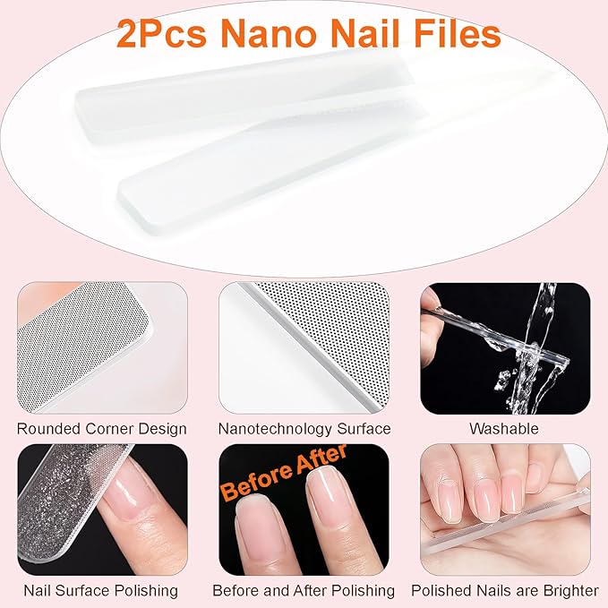MYR 6Pcs Nail Art Liner Brushes and 2Pcs Nano Nail Files, Metal Nail Art Brushes, Nail Art Pens, Nail Art Tools, suitable for Long Lines, Thin Details, Fine Drawing Sizes 6/9/12/15/18/25mm