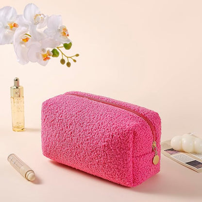 JOVAKIT Travel Makeup Bag Cosmetic Bag for Women, Fashion Christmas Gifts, Plush Zipper Make Up Pouch, Large Capacity Toiletry Organizer Makeup, Portable Storage Bag Trendy Stuff (Rose Red)