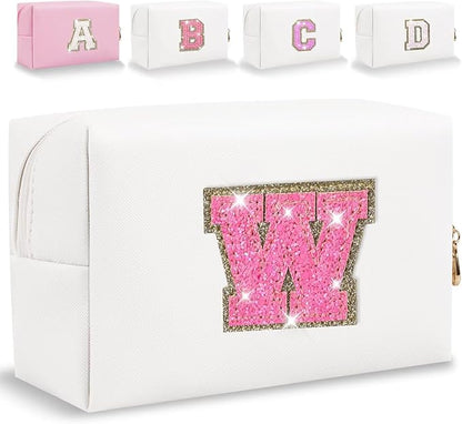 Small Personalized Glitter Initial Letter Makeup Bag, Cute PU Leather Chenille Letters Cosmetic Bag Travel Makeup Pouch, Preppy Travel Organizer Zipper Pouch for Women&Girls（WhiteRosePink-W）