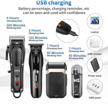 HIENA PRO Hair Clippers for Men Professional, Cordless Barber Clipper & T-Blade Beard/Hair Trimmer Set, Electric Razor Foil Shaver Nose Trimmer Barber Kit, Men's Hair Cutting Kit (212 Set)