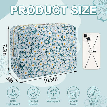 Waterproof Large Floral Makeup Pouch,Nylon Travel Toiletry Storage Purse Preppy Cosmetic Bag for Women Girl,Large Capacity Makeup Organizer Zipper Pouch for Work(L Green-Daisy)