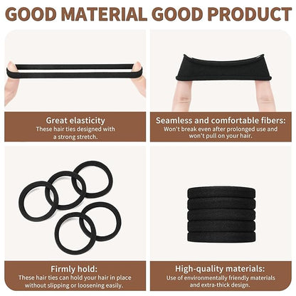 Hair Ties Black 100Count Extra Thick 5CM, Bulk Elastic Hair Bands for Thick Heavy Hair, Seamless Hair Accessories for Girls Women, Ponytail Holder (Black)