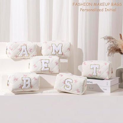 Gleyemor Personalized Initial Makeup Bag for Women, Cute Quilted Pink Floral Cotton Cosmetic Bag, Christmas Gifts for Her Mom Friend Sister Bridesmaid Teacher Women C