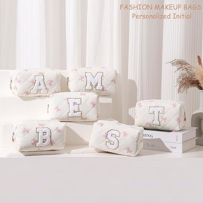 Gleyemor Personalized Initial Makeup Bag for Women, Cute Quilted Pink Floral Cotton Cosmetic Bag, Christmas Gifts for Her Mom Friend Sister Bridesmaid Teacher Women H