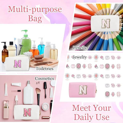 Glitter Initial Letter Makeup Bag, Small Personalized Sequins Letters PU Leather Cosmetic Bag Portable Waterproof Makeup Zipper Pouch, Shine Handbag Organizer Travel Bag Gifts for Women&Girls(White-N)