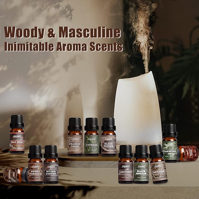 SALUBRITO Gentlement Fragrance Oils Set, Wood Essential Oils Set for Diffuser, Candle, Soap Making, Strong Scented Oil, Sandalwood, Frankincense and More