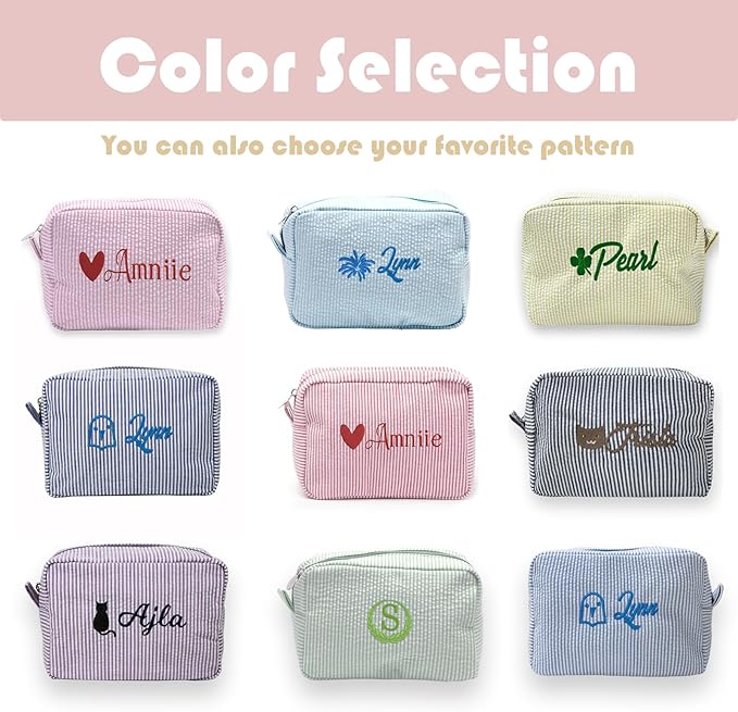 Custom Makeup Bag Personalized Cosmetic Bag Cute Seersucker Travel Toiletry Bag for Women Embroidered Bag Organizer for Bride Makeup Bag Gift Balck