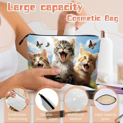 Cosmetic Bags Travel Makeup Toilet Case Waterproof Pouch for Women Girls 6.7X9.45inches - Kittens With Butterflies in A Mountain - Sky Background