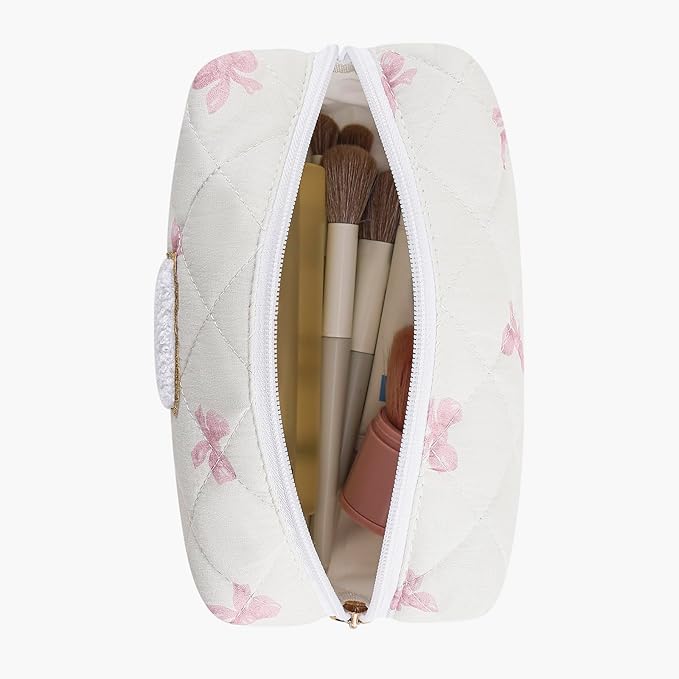 Gleyemor Personalized Initial Makeup Bag for Women, Cute Quilted Pink Floral Cotton Cosmetic Bag, Christmas Gifts for Her Mom Friend Sister Bridesmaid Teacher Women X