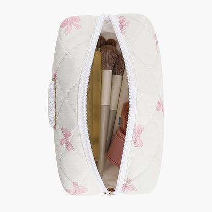 Gleyemor Personalized Initial Makeup Bag for Women, Cute Quilted Pink Floral Cotton Cosmetic Bag, Christmas Gifts for Her Mom Friend Sister Bridesmaid Teacher Women F