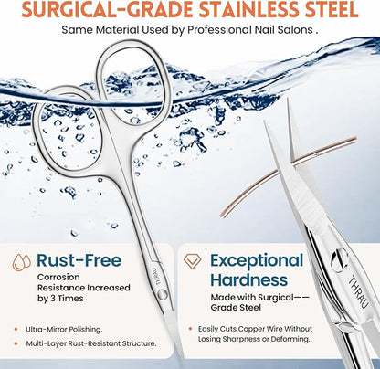 THRAU Left-Handed Cuticle Scissors – Surgical Grade Stainless Steel with Sharp Curved Tip for Cuticles, Nails, Eyebrows, Eyelashes, Nose Hair & Beard – Ideal for Manicure & Precise Grooming