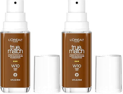L’Oréal Paris True Match Super-Blendable Foundation, Medium Coverage Liquid Foundation Makeup with SPF 17, W10, Deep, 1 Fl Oz (Pack of 2)