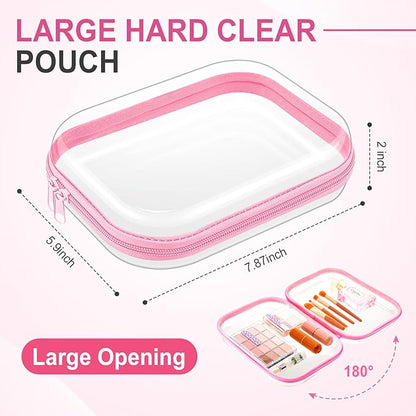 Sanwuta 6 Pcs Clear Hard Zipper Case Hard Plastic Zipper Pouches Makeup Bag Pencil Pouches Transparent Cases for Snacks Plastic Storage Organizer Box for Travel(Pink,7.87 x 5.9 x 2 Inch)