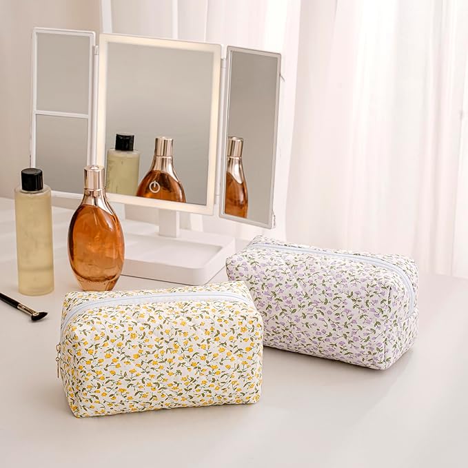 JOVAKIT Square Makeup Bag Cute Cosmetic Bag for Women, Floral Coquette Aesthetic Toiletry Bag, Zipper Make Up Pouch, Travel Make Up Organizer Bag (Pink Small Floral)