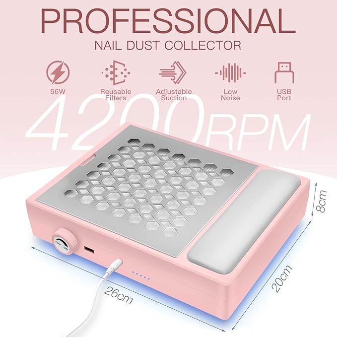 Madenia Powerful Nail Dust Collector - Brushless Quiet Vacuum Suction Fan Extractor with Hand Pillow 2 Filters 1 Brush, Nail Dust Cleaner Machine for Acrylic Gel Nail Polishing Nail Tech Use, Pink