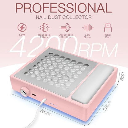 Madenia Powerful Nail Dust Collector - Brushless Quiet Vacuum Suction Fan Extractor with Hand Pillow 2 Filters 1 Brush, Nail Dust Cleaner Machine for Acrylic Gel Nail Polishing Nail Tech Use, Pink