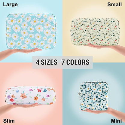 Nylon Small Floral Makeup Bag, Slim Preppy Cute Makeup Brush Case, Waterproof Travel Toiletry Bag, Coin Pouch Make Up Organizer for Women (Blue-Daisy)